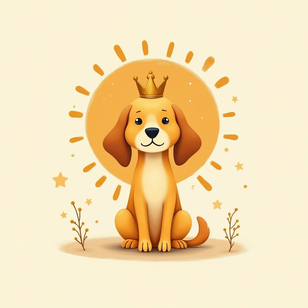 Un chien doré couronné, entouré d’un soleil et d’étoiles